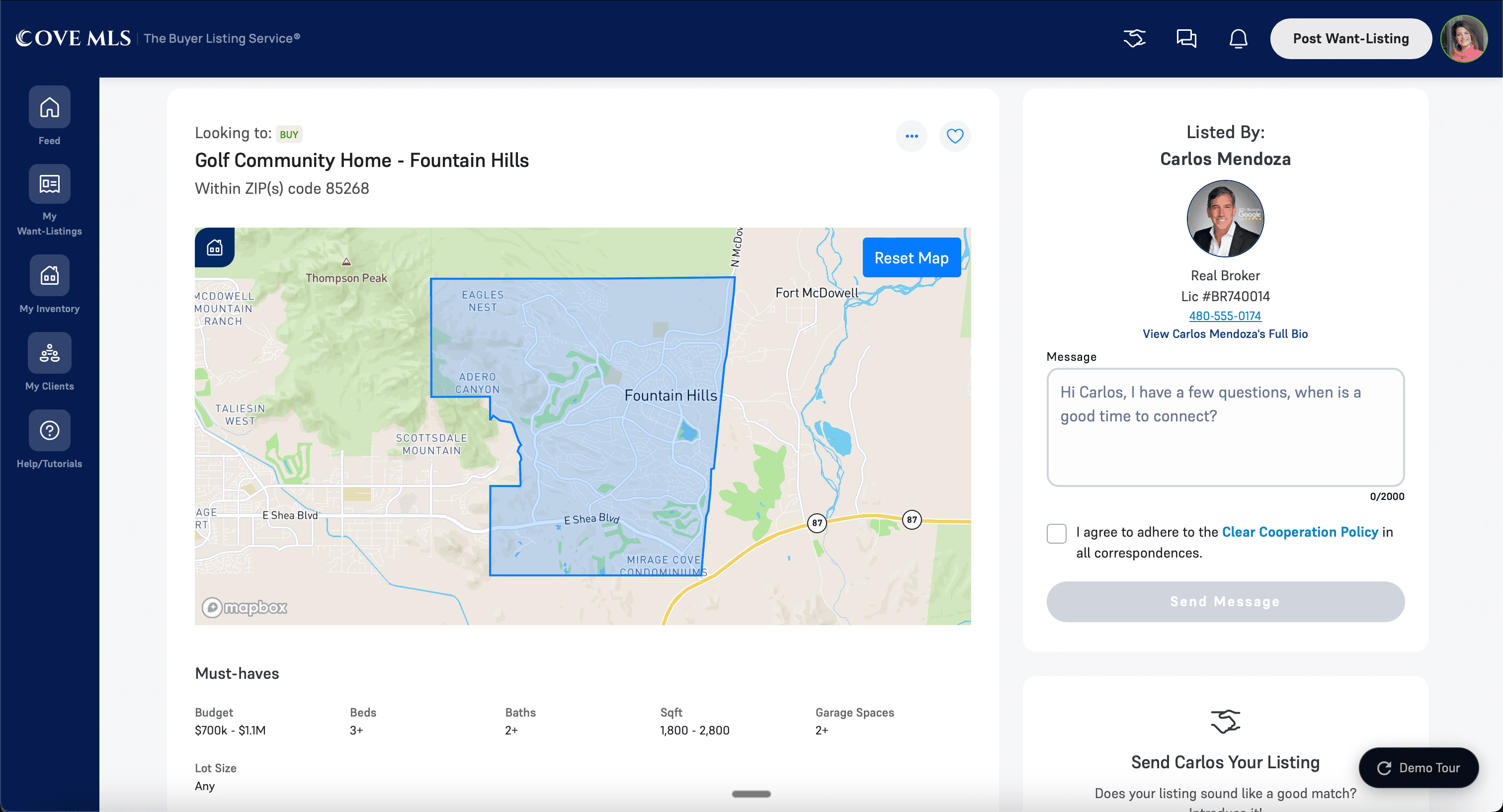 Want-Listing map view with location preferences