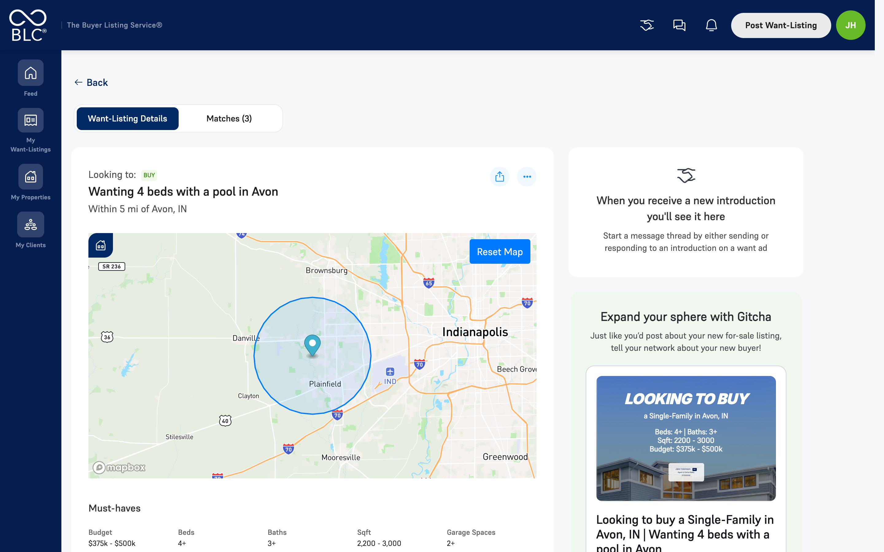 The Want-Listing Details tab. Once the Want-Listing is syndicated, the Expand your sphere with Gitcha panel appears in the right column.