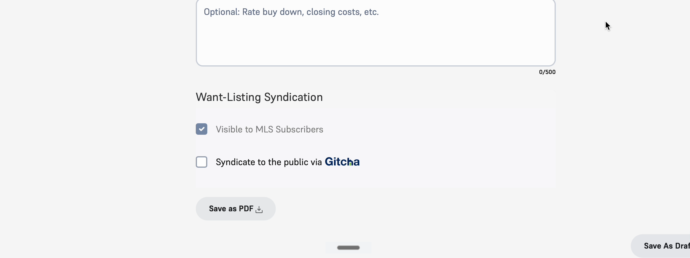Want-Listing Syndication section showing "Visible to MLS Subscribers" checked by default and "Syndicate to the public via Gitcha" as an opt-in toggle.
